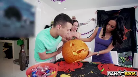 Carving Pumpkins With Her Stepson And Stepdaughter